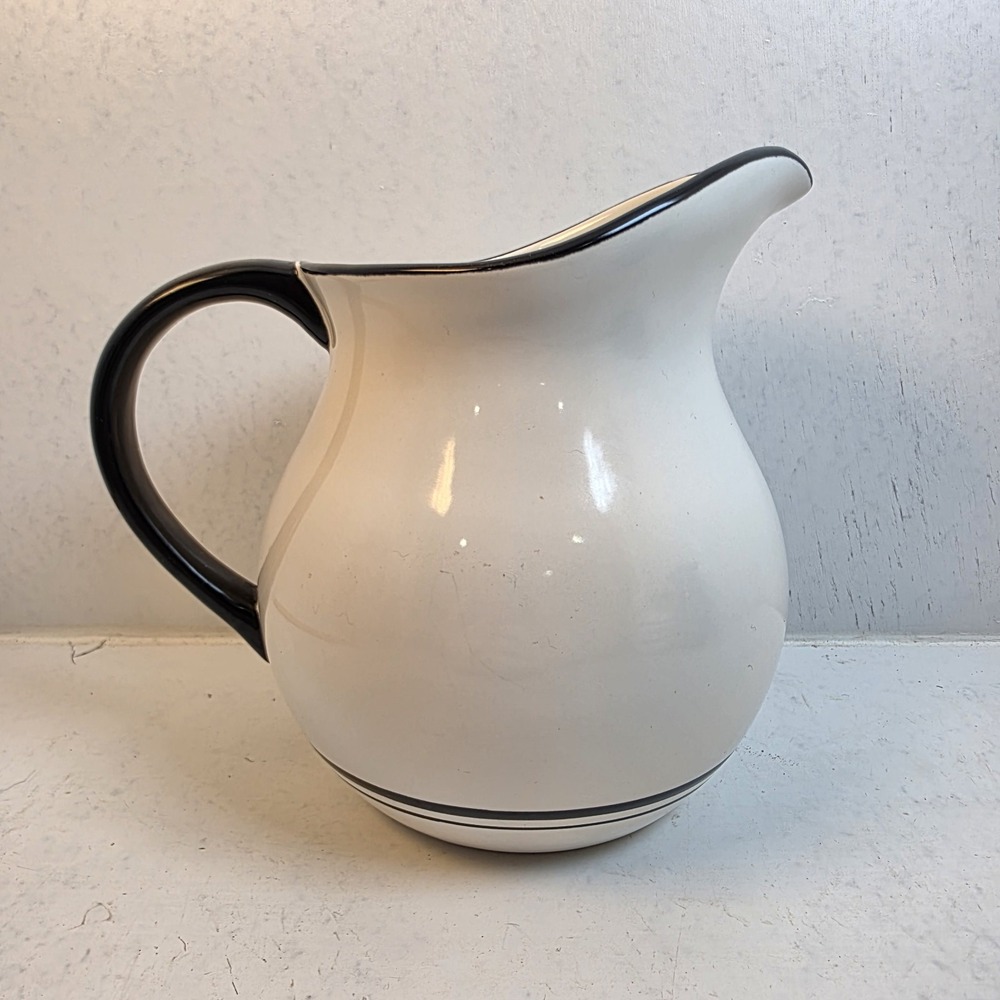 HOME Ceramic Pitcher White with Black Trim Farmhouse Stoneware Water Jug 7.5in - Picture 3 of 9